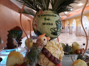 palma owocowa, stół owocowy, candy bar, dekoracje owocowe, dekoracje balonowe na I Komunię Koło, Turek, Izbica kuj., Koni