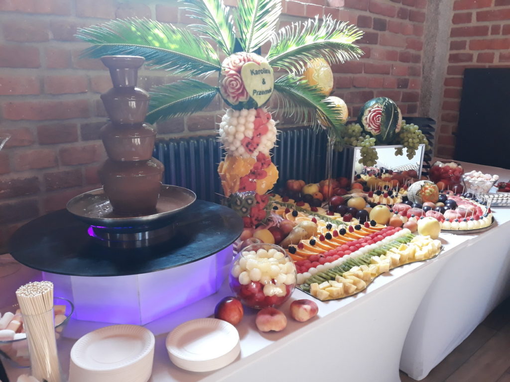 fontanna czekoladowa, stół owcwy, fruit carving, fruit bar, palma owocowa Zamek Topacz Ślęza k. Wrocławia